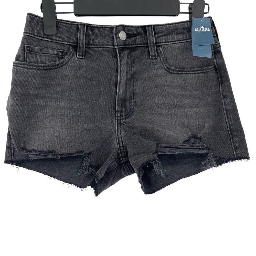 Hollister High Rise 3" Mom Short Stretch Denim Faded Black Raw Hem Women 3/26
